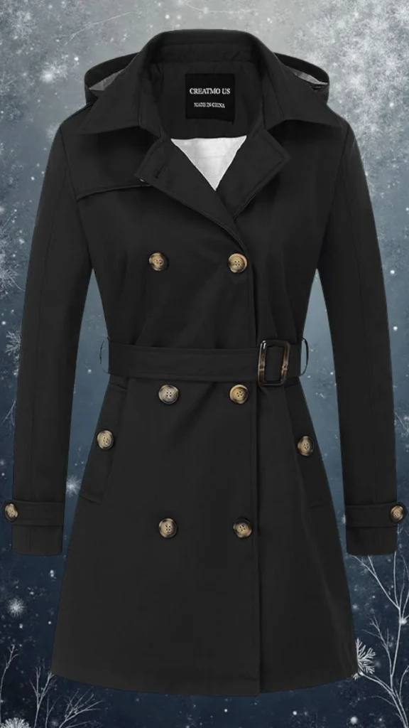 This elegant black coat features a classic double-breasted design with prominent gold buttons and a belted waist, enhancing its silhouette. It has structured lapels and long sleeves, crafted from a smooth, durable fabric, making it ideal for winter wear. The stylish hood adds versatility while maintaining a chic, polished look.
