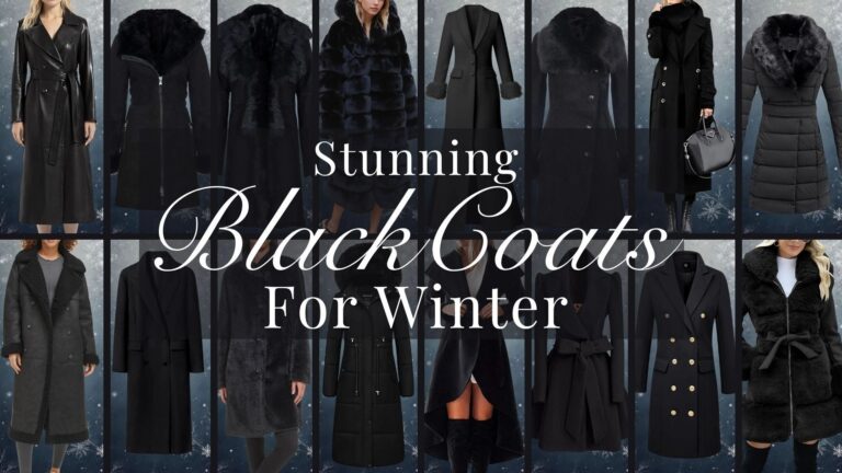A beautifully tailored black coat featuring a sophisticated double-breasted design with large, gold buttons that enhance its elegance. The coat has a plush texture with a soft faux fur collar, and fitted sleeves that provide a streamlined silhouette, making it a luxurious choice for winter. It includes a belted waist for an adjustable fit, combining warmth and style seamlessly.