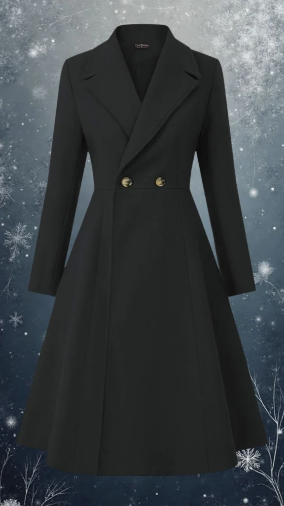 This elegant black winter coat features a tailored fit with a double-breasted front, accented by gold buttons. The smooth, structured fabric creates a sophisticated silhouette, while the flared skirt and sharp lapels add a refined touch. Long sleeves enhance warmth, making it an ideal choice for cold weather.