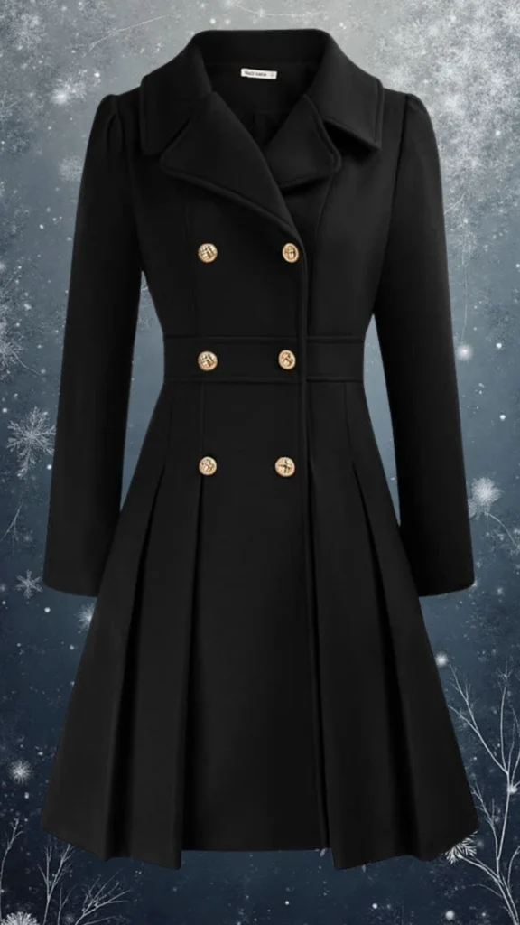 This elegant black coat features a tailored fit with a double-breasted design, adorned with stylish gold buttons. The soft fabric boasts a smooth texture, complemented by wide lapels and puffed long sleeves, creating a sophisticated silhouette. Pleats at the waist enhance its flattering shape, making it a perfect choice for winter occasions.