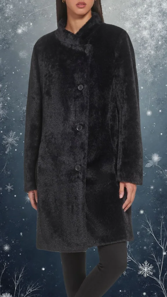 This women's black coat features a soft, plush texture with a relaxed fit, enhancing comfort during winter. It has a classic collarless design, five subtle button closures down the front, and long sleeves that provide warmth and elegance. The coat's sleek silhouette is perfect for layering while maintaining a chic winter look.