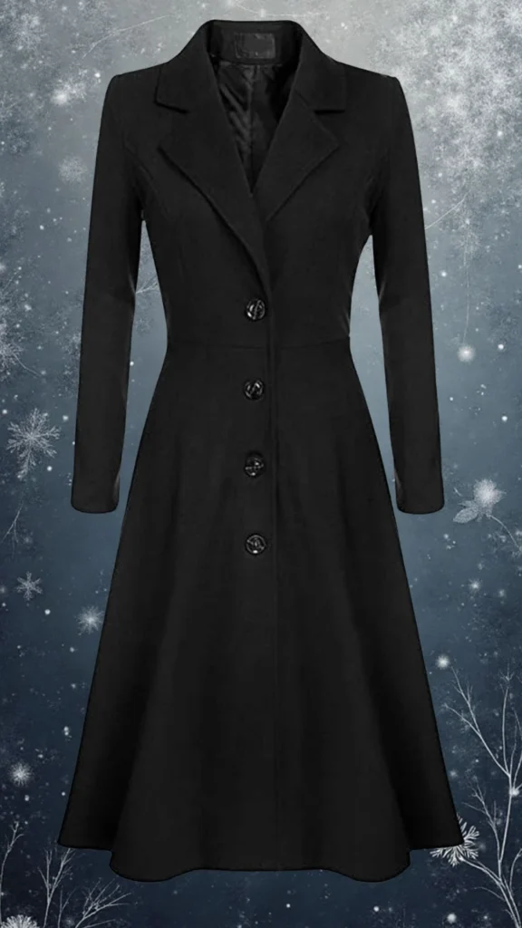 A tailored black coat featuring a refined lapel collar and long sleeves, crafted from a soft, warm fabric ideal for winter. This coat showcases a flattering A-line silhouette, complete with five elegant buttons that enhance its sophisticated charm. The smooth texture and classic design make it a versatile and stylish choice for cold weather.