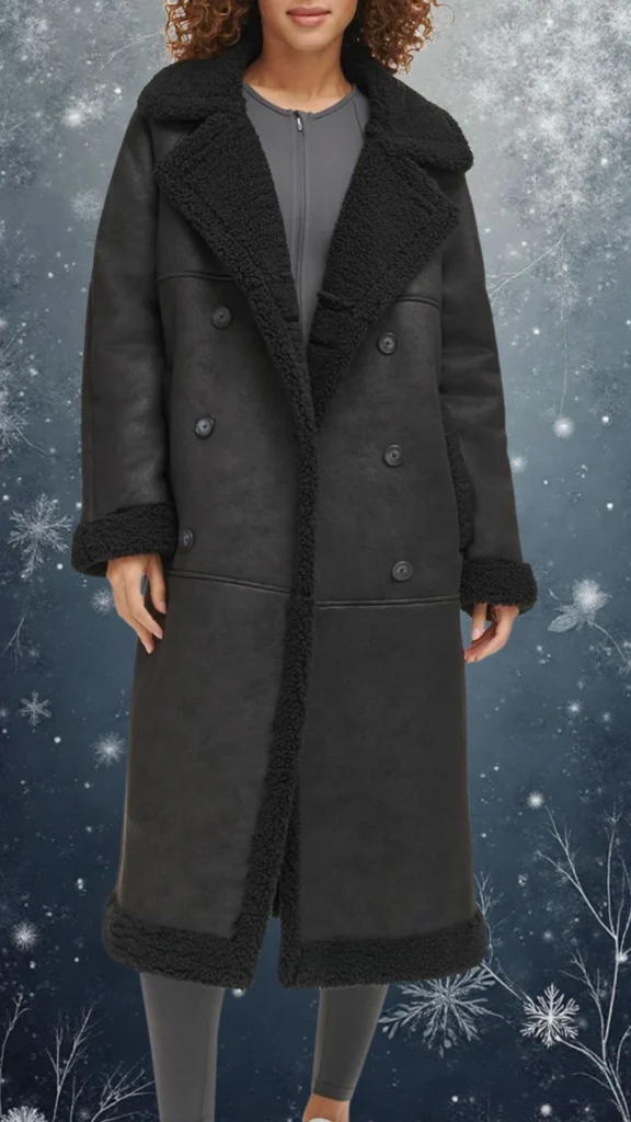 This elegant black coat features a soft, textured fabric with a cozy, shearling finish around the oversized lapels and cuffs, providing warmth and style for winter. It is designed with a double-breasted closure adorned with sleek buttons, and the relaxed fit offers comfort while maintaining a chic silhouette. The coat's length enhances versatility, making it suitable for various winter occasions.