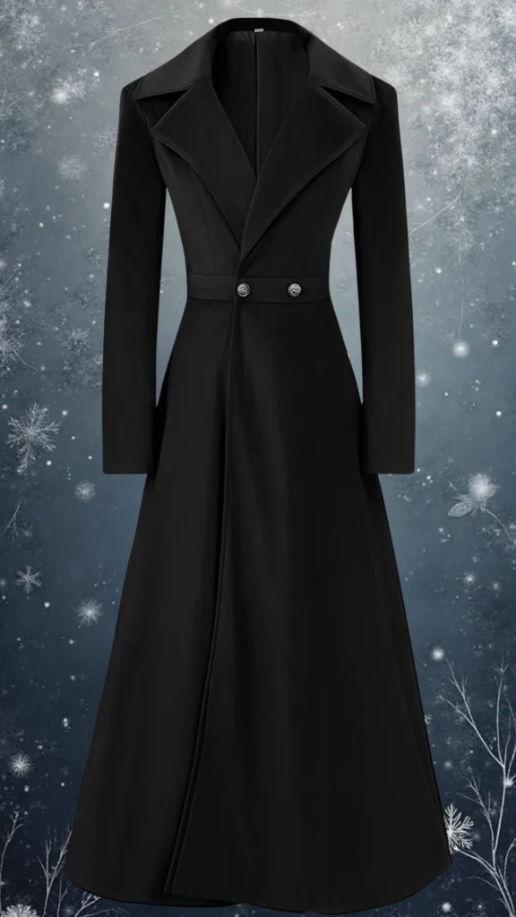 A long black coat featuring a tailored silhouette with sharp, wide lapels and long sleeves, crafted from a smooth, warm fabric ideal for winter wear. The coat showcases a double-breasted front with elegant metallic buttons that add a touch of sophistication, while its flowing design enhances both comfort and style. Perfect for formal events, this coat combines warmth and elegance seamlessly.