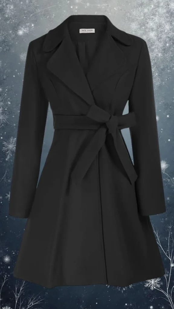 This elegant black winter coat features a tailored silhouette with smooth, durable fabric and a soft inner lining for warmth. It has a classic shawl collar, long sleeves, and a stylish tie belt at the waist for a flattering fit, complemented by a flared hem that adds movement. The minimalist design is perfect for both casual and formal occasions, making it a versatile addition to any winter wardrobe.