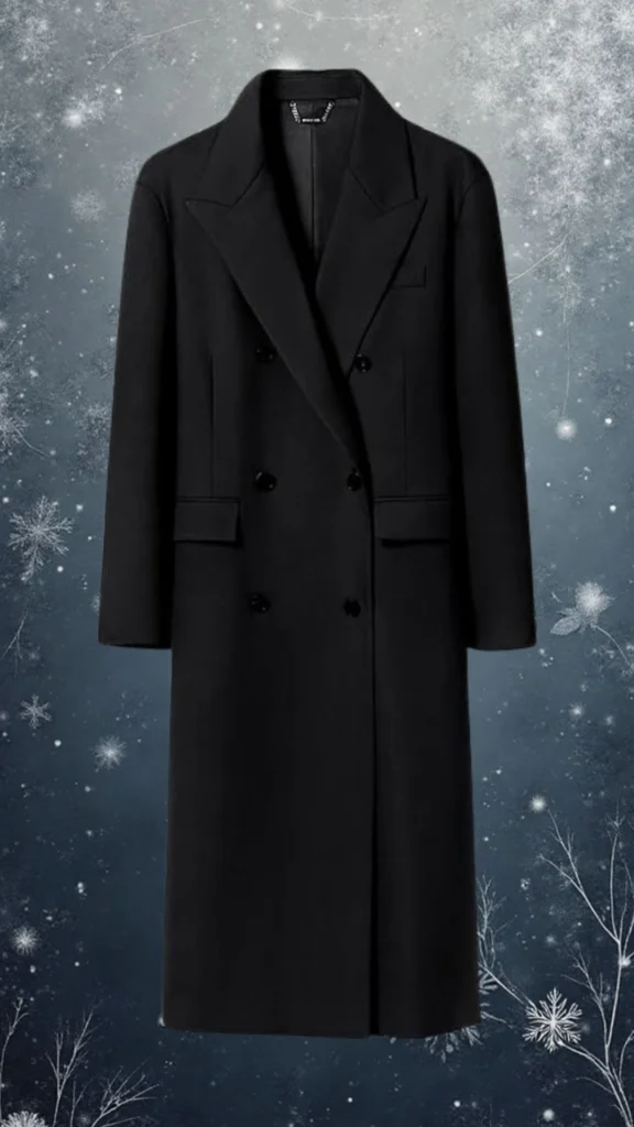A sophisticated black double-breasted wool coat featuring wide lapels, long sleeves, and a tailored silhouette that drapes elegantly. The coat includes subtle side pockets and decorative buttons, offering both style and warmth for winter. Its refined texture adds a touch of luxury while ensuring comfort and insulation.