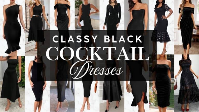 A collection of elegant black cocktail dresses showcases various styles, including a fitted one-shoulder dress, a pleated A-line design, and an off-the-shoulder silhouette, all accentuating sophistication and versatility. The dresses feature different textures and lengths, with details like ruffles, lace, and sleek lines, ideal for formal gatherings or celebrations. Prominent text reads “Classy Black Cocktail Dresses,” highlighting the theme across the visually appealing layout.