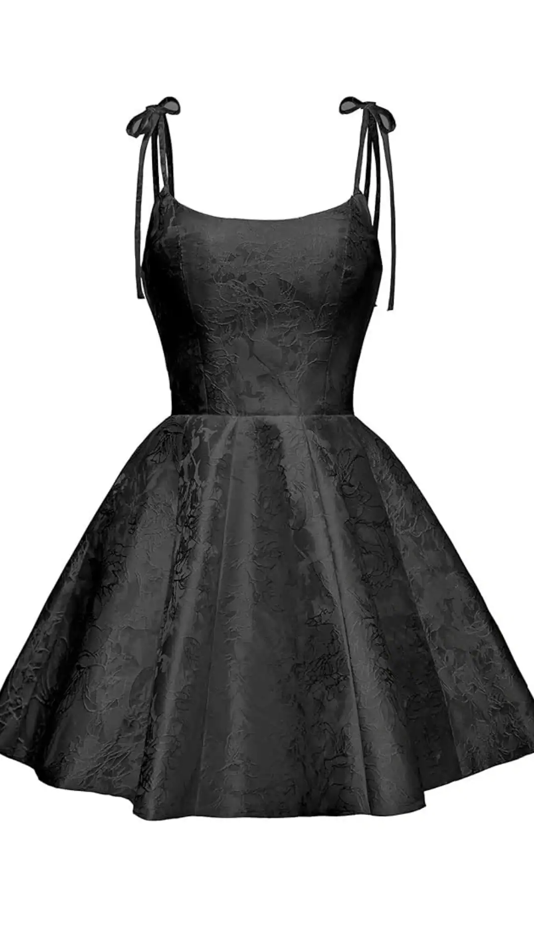 This black homecoming dress features a classic A-line silhouette made from a luxurious, textured fabric with a subtle floral pattern, creating visual depth. Designed with delicate spaghetti straps and a flared skirt that offers a playful and youthful vibe, it’s perfect for teen formal events like homecoming or school dances.