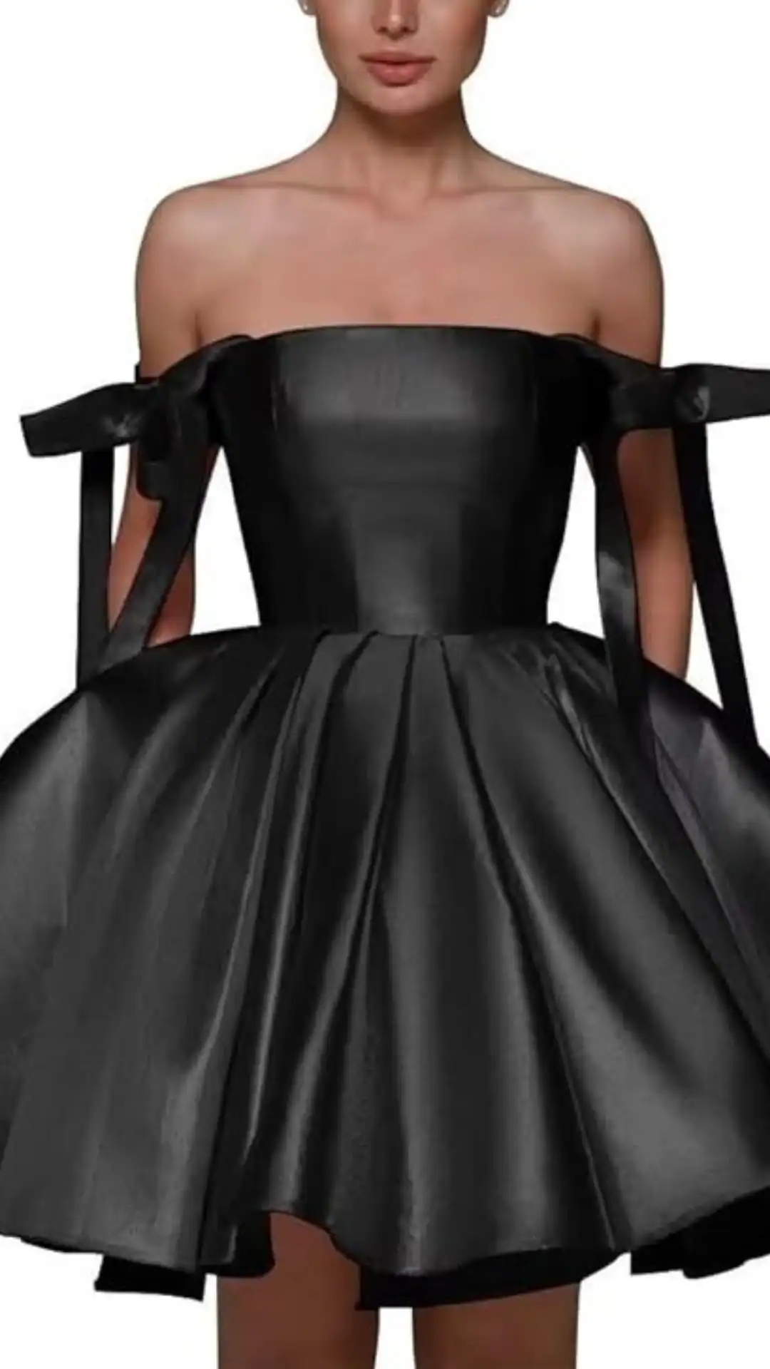 This black homecoming dress features a structured, strapless bodice adorned with oversized bow ties that add a playful touch to its sleek design. Crafted from a glossy, satin-like fabric, the dress flares into a voluminous skirt, creating a bold yet elegant silhouette perfect for formal events like homecoming, appealing to trendy teenage girls.