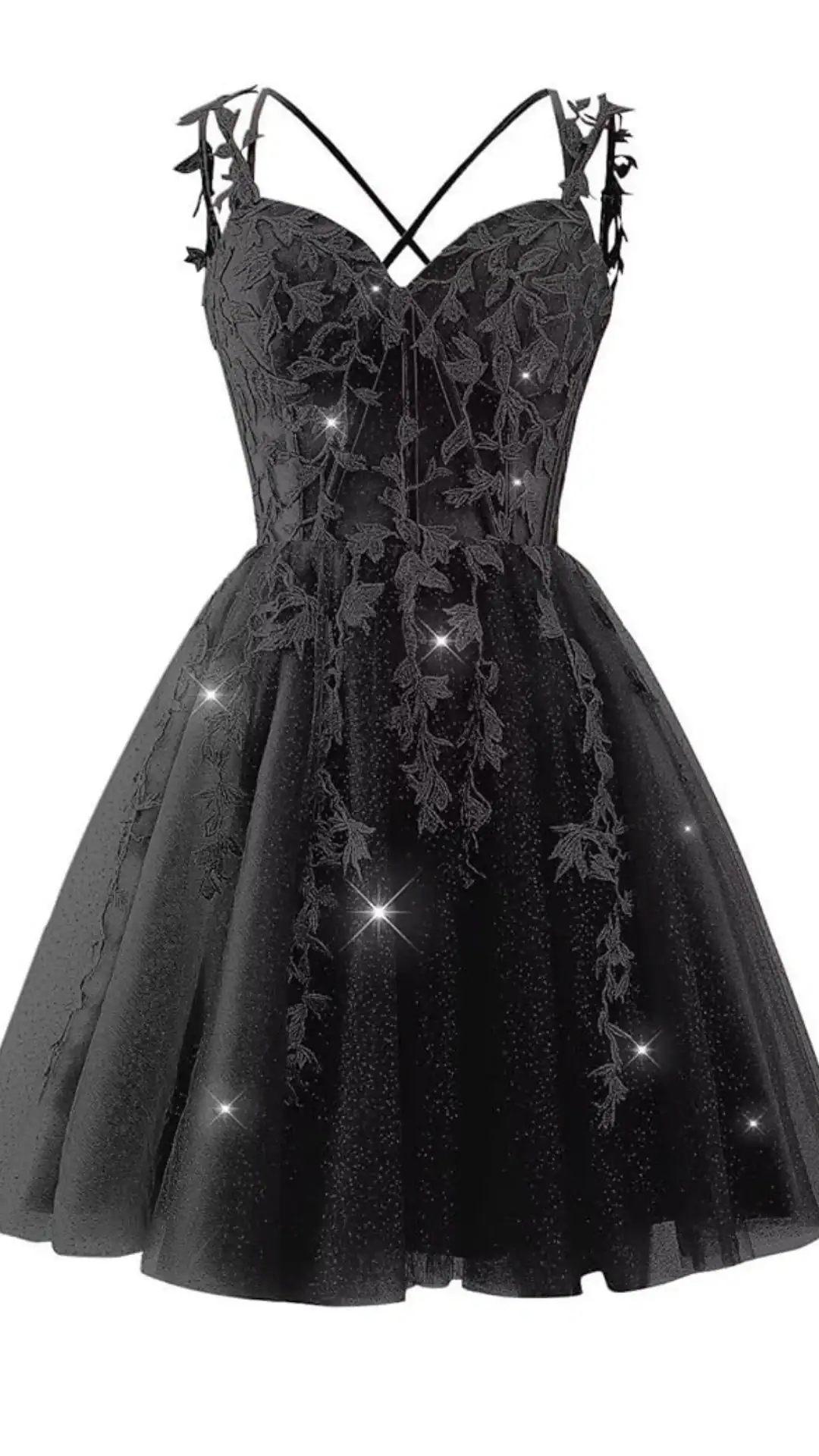 This black homecoming dress features a fitted bodice adorned with intricate floral embroidery and shimmering details, creating a romantic and ethereal vibe. The skirt has volume, offering a playful silhouette, making it perfect for festive occasions like homecoming, designed specifically for teens.