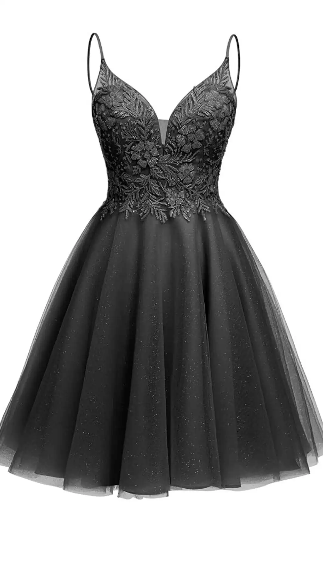 This black homecoming dress features a fitted bodice with delicate floral embroidery that adds a touch of elegance, complemented by a layered tulle skirt that offers volume and movement. The design exudes a romantic vibe, making it perfect for formal events like homecoming, tailored for teenage girls seeking a classic yet chic look.