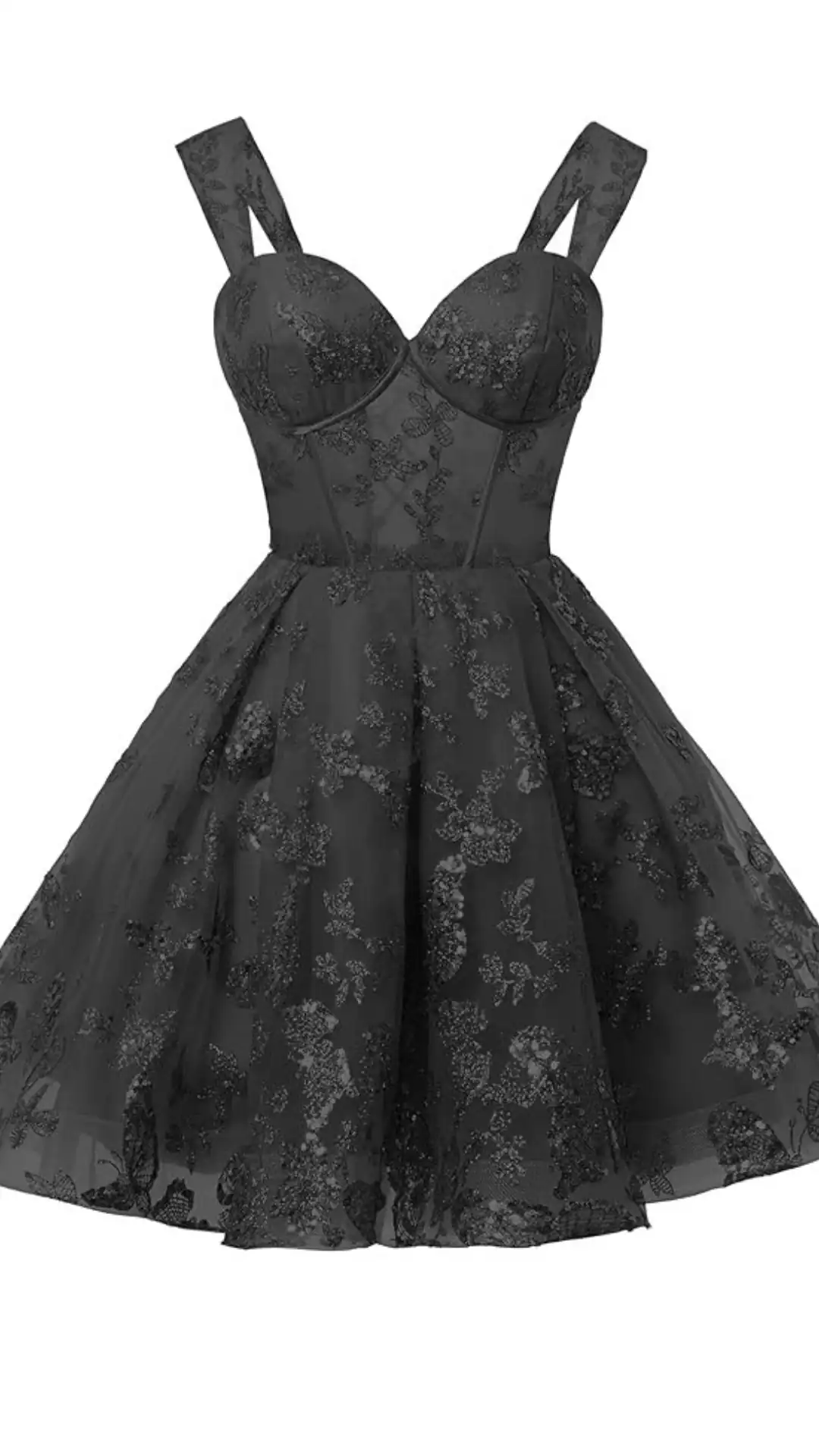 This black homecoming dress features a fitted corset-style bodice with structured cups and delicate floral embroidery, offering a mesh overlay that adds depth and texture. The playful, voluminous skirt creates a flirty silhouette, making it perfect for a formal event like homecoming, appealing to teenage girls seeking a bold yet elegant look.