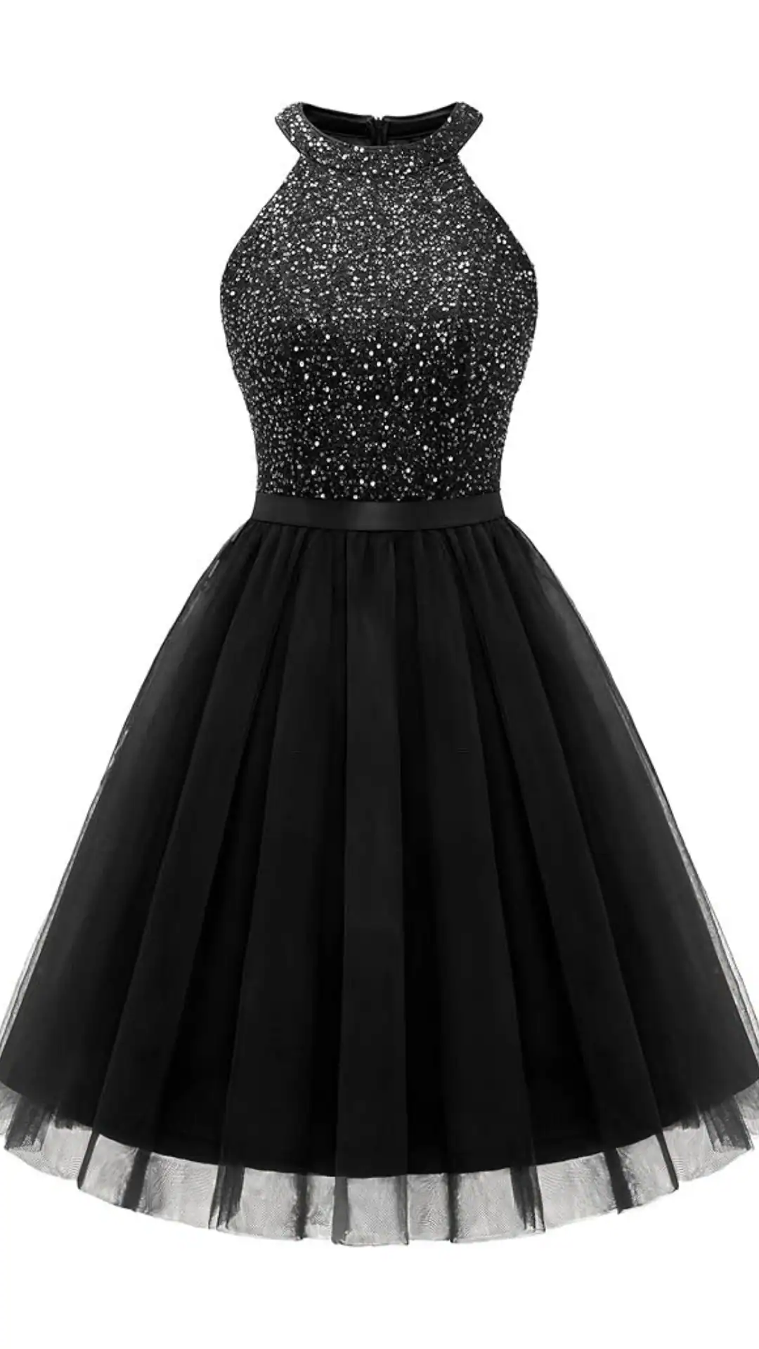This black homecoming dress features a fitted, glittering halter neck bodice adorned with sparkling sequins, complemented by a voluminous tulle skirt that creates a playful silhouette. The overall vibe is elegant and classic, making it ideal for a formal school dance or homecoming event, designed specifically for teenage girls.