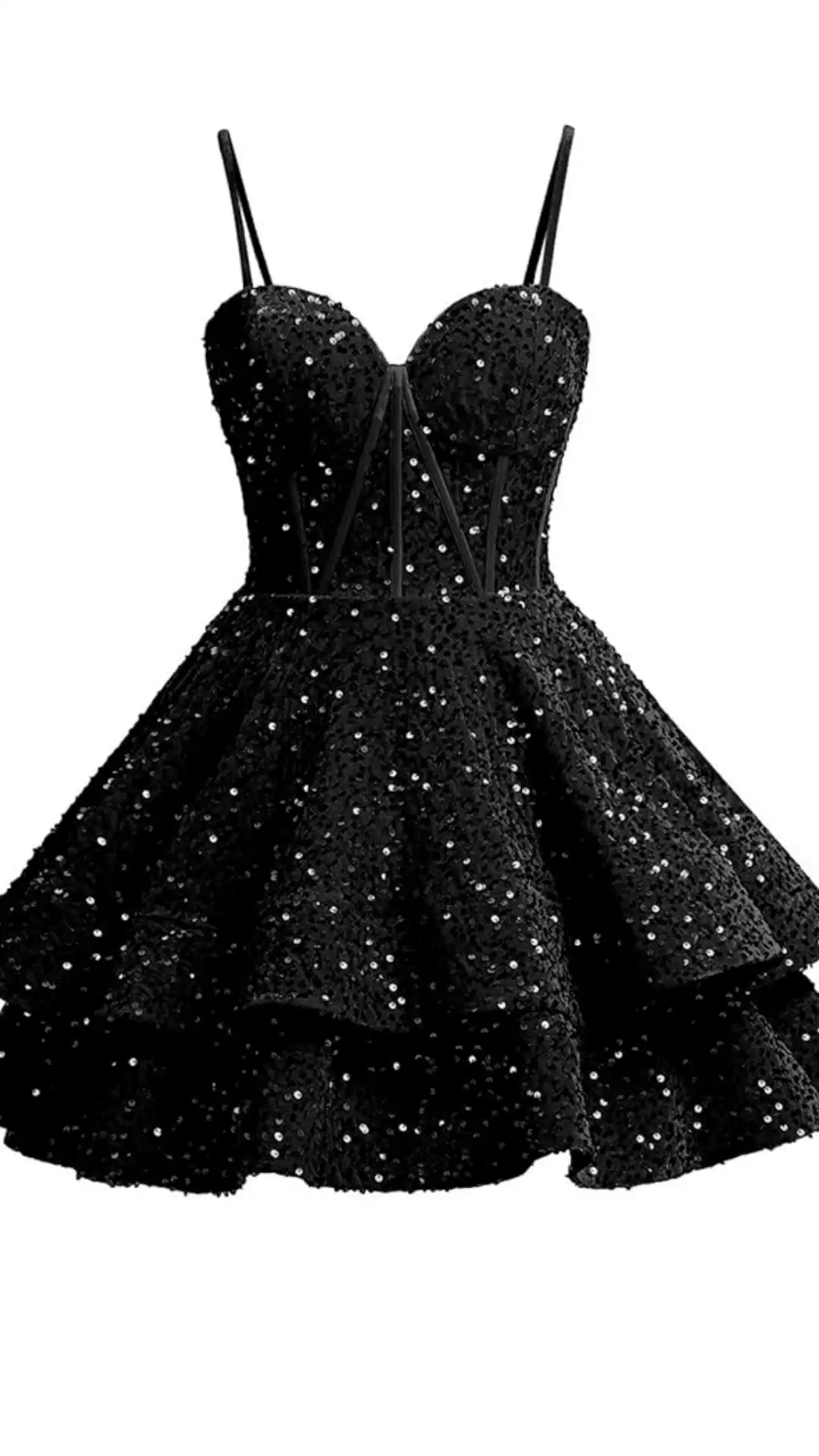 This black homecoming dress features a form-fitting, corseted bodice adorned with shimmering sequins, enhancing its glamorous aesthetic. The flared, voluminous skirt creates a playful silhouette, making it perfect for a celebratory occasion like homecoming, and offers a trendy, bold vibe for teens.