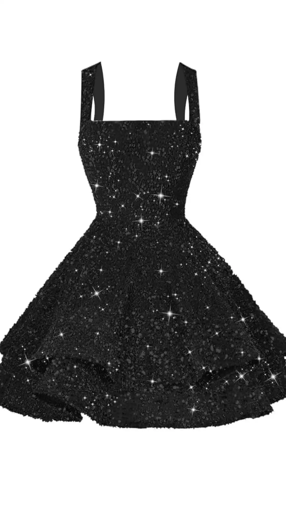 This black homecoming dress features a fitted bodice with a square neckline and adjustable straps, adorned with sparkling sequins that create a textured, shimmering surface. The knee-length skirt has a voluminous silhouette, exuding a classic and festive vibe, making it perfect for teenage girls at formal events like homecoming or prom.