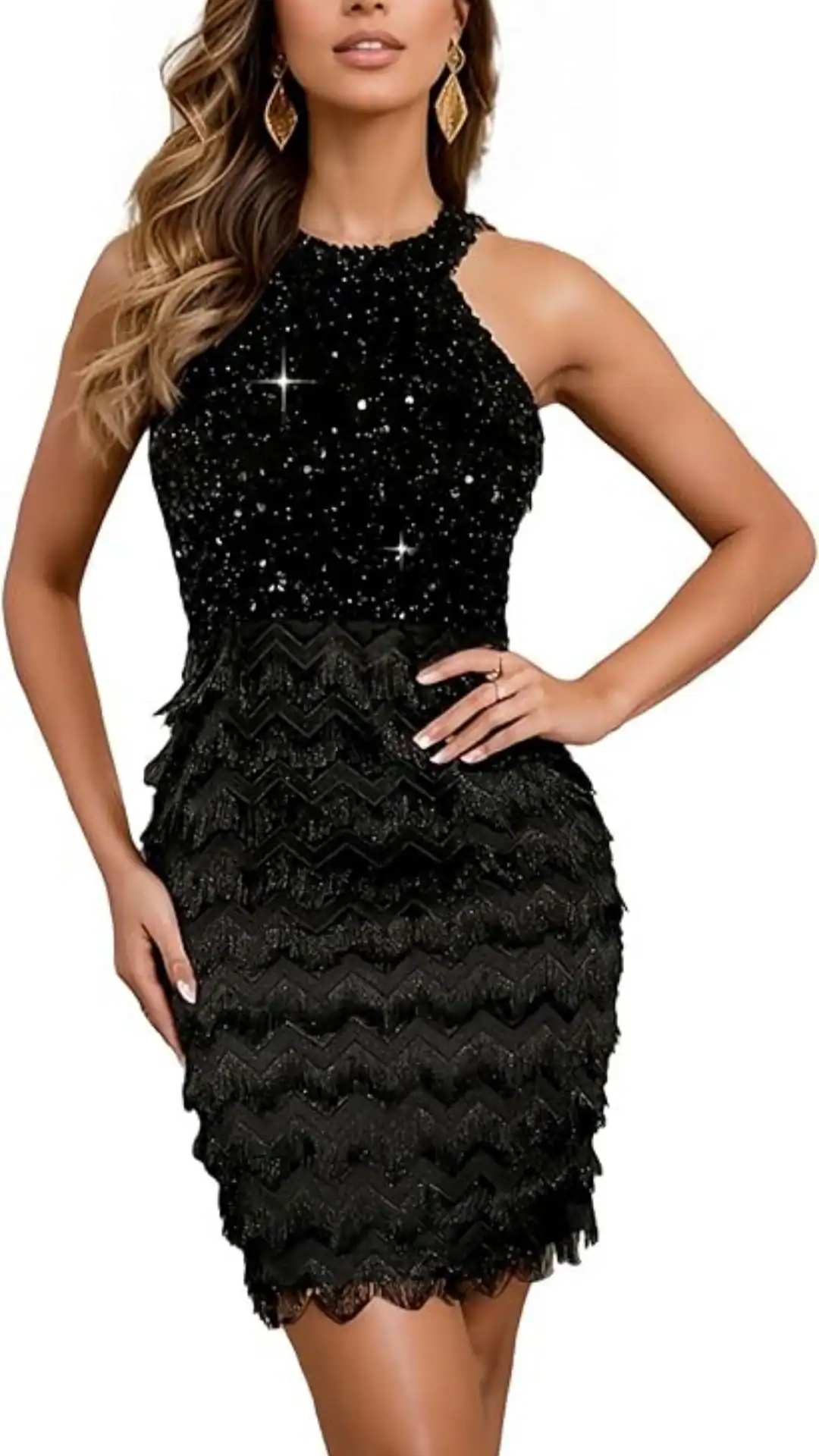 This black homecoming dress features a fitted, shimmering bodice adorned with intricate sequins that transition into a textured, zigzag-patterned skirt, creating a striking contrast. The overall vibe is glamorous and trendy, making it perfect for a formal event like homecoming or prom, and tailored for teenage girls.