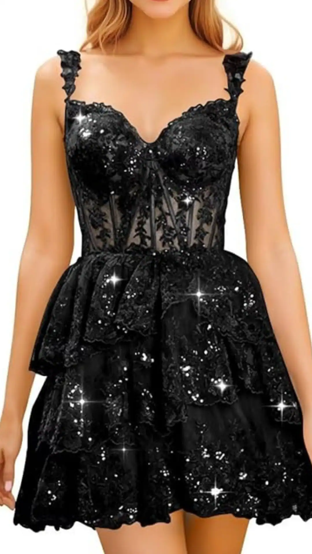 This black homecoming dress features a fitted bodice with a sweetheart neckline and delicate lace appliqué, complemented by layers of voluminous, tiered tulle adorned with shimmering sequins for added sparkle. The overall vibe is elegant and glamorous, perfect for a formal event or school dance, making it an ideal choice for teenage girls seeking a bold yet classic look.