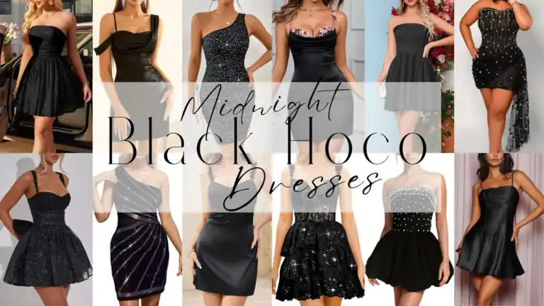 This collection of black homecoming dresses features a variety of styles, including fitted silhouettes and playful skater designs, crafted from shimmering fabrics that enhance their elegance. Each dress showcases details like glittering accents, structured corsets, and floral embellishments, embodying a chic and trendy vibe perfect for teen celebrations such as homecoming or school dances.