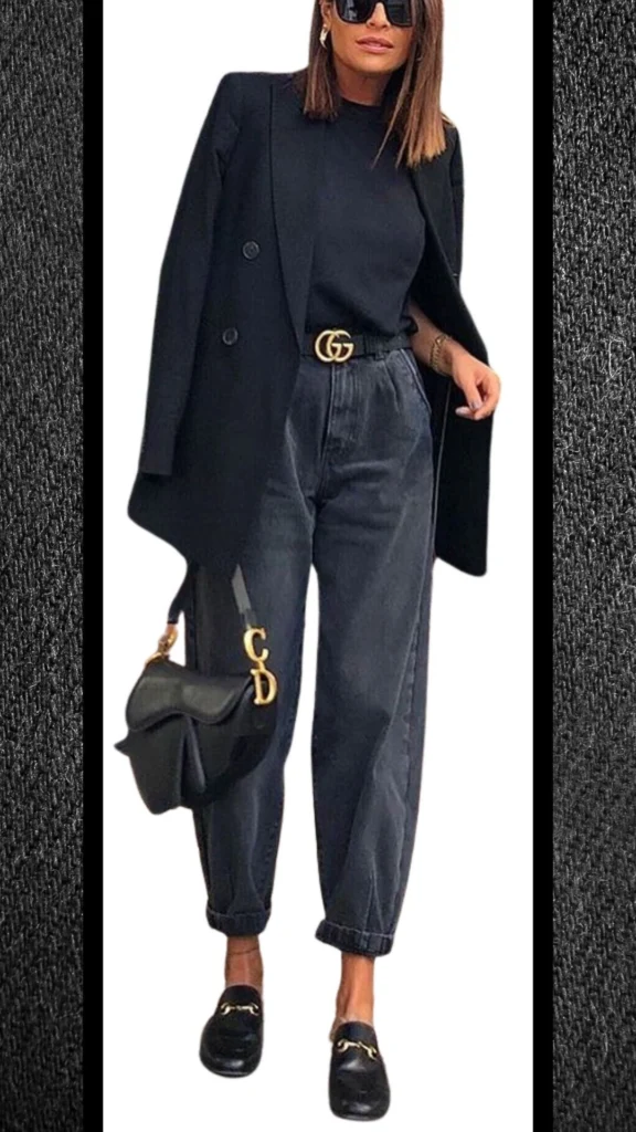 The outfit features high-waisted black jeans in a relaxed fit, complemented by a fitted black turtleneck. A tailored black blazer adds sophistication, while a statement gold belt and matching accessories, including a black handbag with gold detailing, enhance the ensemble. The combination of textures and shades creates a chic, polished look perfect for winter.