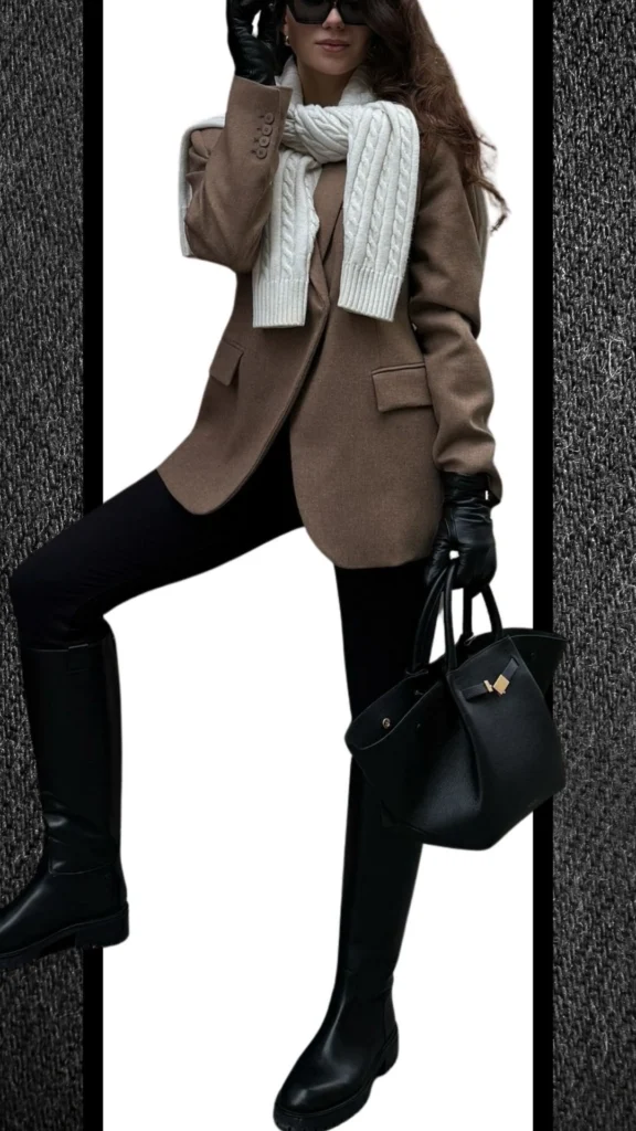 The outfit features sleek black jeans paired with a tailored brown blazer, creating a sophisticated contrast. A chunky cream knit scarf adds texture and warmth, while fitted black leather gloves complement tall black boots for a polished look. The chic black handbag with subtle gold accents completes this winter-ready ensemble.