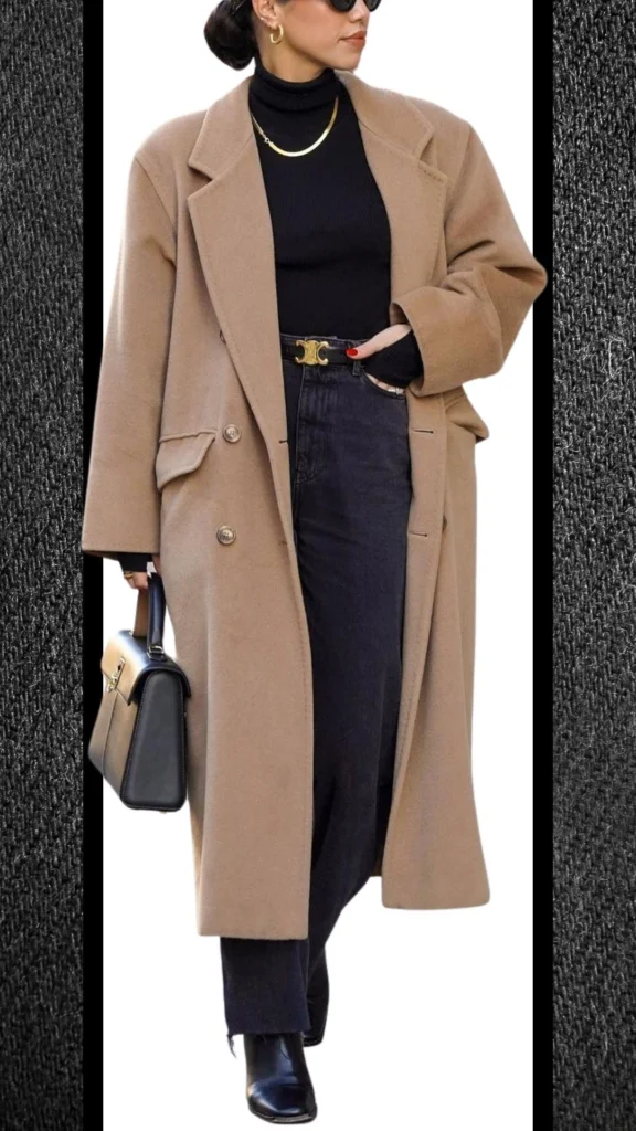A chic winter outfit featuring high-waisted black jeans paired with a fitted black turtleneck, layered under an oversized camel-colored wool coat. Accessories include a bold gold chain necklace, statement earrings, and a sleek black handbag, complemented by glossy black ankle boots for a polished look. The contrasting textures of the soft coat, smooth denim, and shiny accessories create a sophisticated vibe perfect for cooler months.