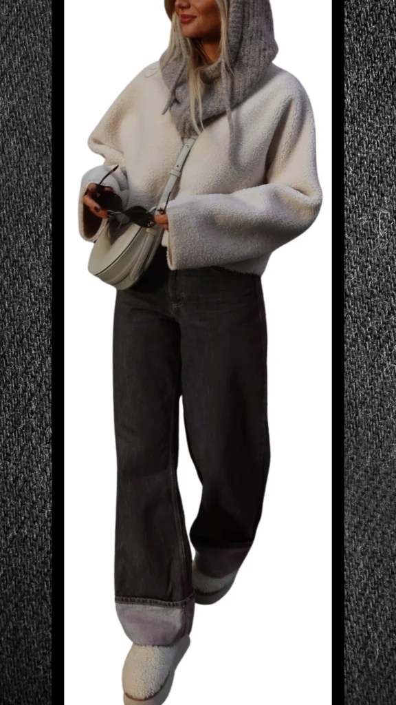 The outfit features a cozy, off-white fleece pullover with a snug hood, paired with high-waisted black denim jeans that have a relaxed fit and a slightly faded finish. Soft, cream-colored, plush slip-on shoes complement the look, while a small gray crossbody bag adds functionality and style. This ensemble is perfect for winter, combining warmth, texture, and a modern aesthetic.