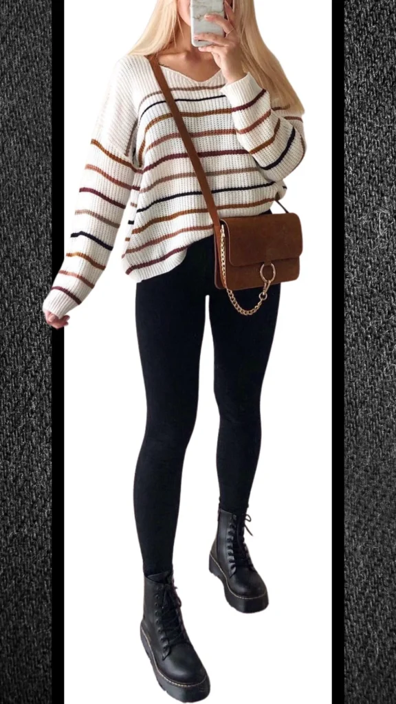 This winter outfit features black skinny jeans paired with a cozy cream sweater, adorned with horizontal stripes in warm shades of brown and navy. Accented by chunky black lace-up boots and a stylish brown crossbody bag with a chain detail, the ensemble combines comfort and chic for the cooler months.