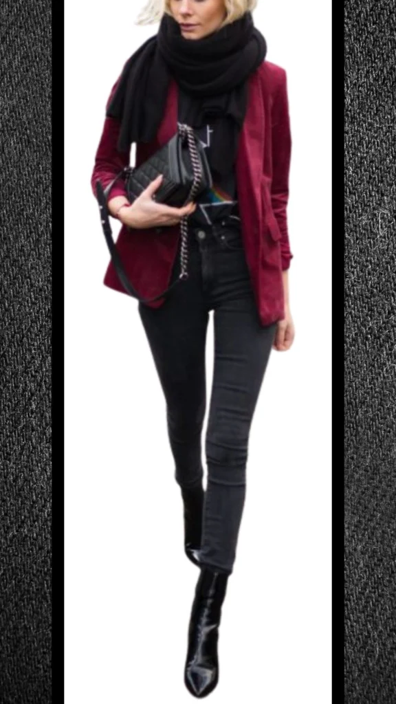 The outfit features fitted black jeans paired with a plush crimson blazer, adding a rich contrast in texture. A cozy black scarf wraps around the neck, while sleek black ankle boots complete the look, enhancing its chic and polished appearance for cooler months. The combination of materials and colors creates an elegant and stylish winter ensemble.