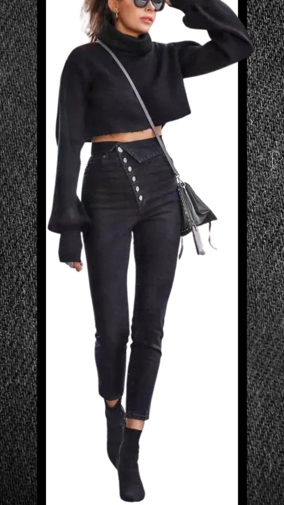 A stylish winter outfit featuring high-waisted black jeans with button details, complemented by a cozy, cropped black turtleneck sweater that has long sleeves with bell cuffs. The ensemble is accessorized with sleek black ankle boots and a small crossbody bag, creating a chic and polished look suitable for cooler months.