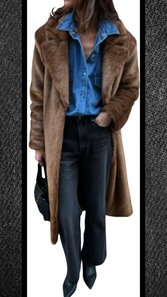 The outfit features tailored black jeans with a soft, straight fit, paired with a light blue denim button-up shirt that adds a casual layer. Over the shirt is a luxurious, plush tan faux fur coat providing warmth and texture contrast, complemented by sleek, pointed-toe black boots. A small black handbag enhances the ensemble with a touch of sophistication.