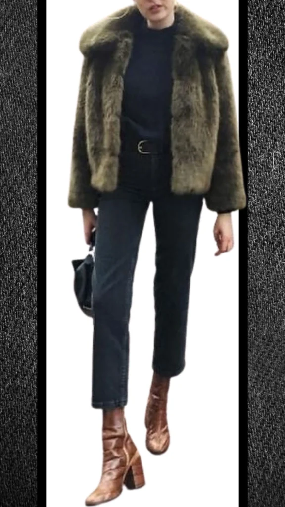 The outfit features high-waisted black jeans paired with a fitted black turtleneck, topped with a luxurious, olive-green faux fur coat for warmth and style. Accessories include a simple black belt and brown heeled ankle boots, adding a touch of elegance to the overall look, perfect for winter. The textures of the soft fur and sleek denim create a striking contrast, enhancing the outfit’s sophisticated appeal.