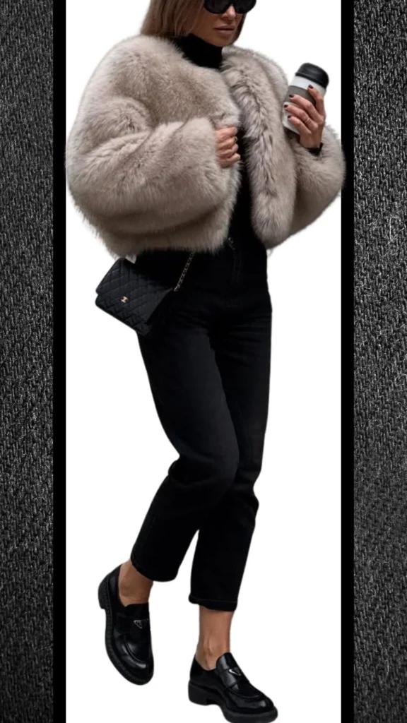 The outfit features high-waisted black jeans, paired with a sleek black turtleneck and an oversized, plush cream faux fur jacket. Accessories include a stylish quilted black handbag and chunky black shoes, creating a chic, warm look perfect for winter. The combination of textures and contrasts in shades enhances the overall elegance of the ensemble.