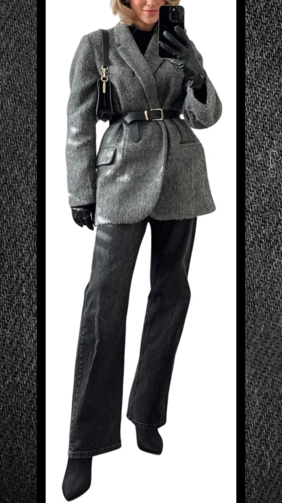 The outfit features high-waisted black jeans paired with a tailored gray wool blazer that has a textured finish, cinched at the waist with a sleek black belt. Complemented by smooth black leather gloves and a small handbag, this ensemble exudes sophistication and warmth, ideal for winter styling. The mix of textures adds depth, enhancing the overall visual appeal while ensuring comfort in cooler temperatures.
