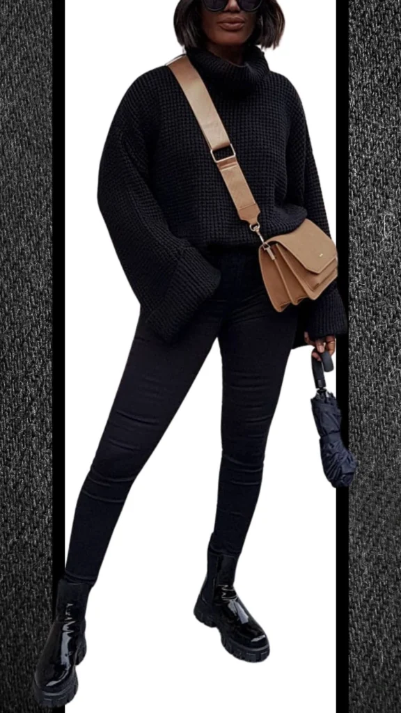 A stylish winter outfit featuring a chunky black knit turtleneck sweater with a textured surface, paired with form-fitting black jeans that complement the top's cozy aesthetic. The look is enhanced by glossy black combat boots and a tan crossbody bag, adding a warm accent, while an umbrella peeks from the model's hand, indicating readiness for the colder months. This ensemble blends comfort and chic effortlessly.