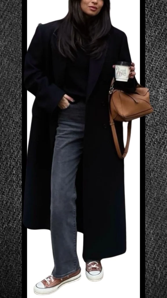 A stylish winter outfit featuring a black oversized coat layered over a dark sweater and fitted black jeans, creating a sleek silhouette. The look is complemented by brown lace-up sneakers and a tan shoulder bag, adding warmth and contrast while maintaining a polished aesthetic. Smooth textures and a monochromatic color palette enhance the overall sophisticated vibe, perfect for cooler months.