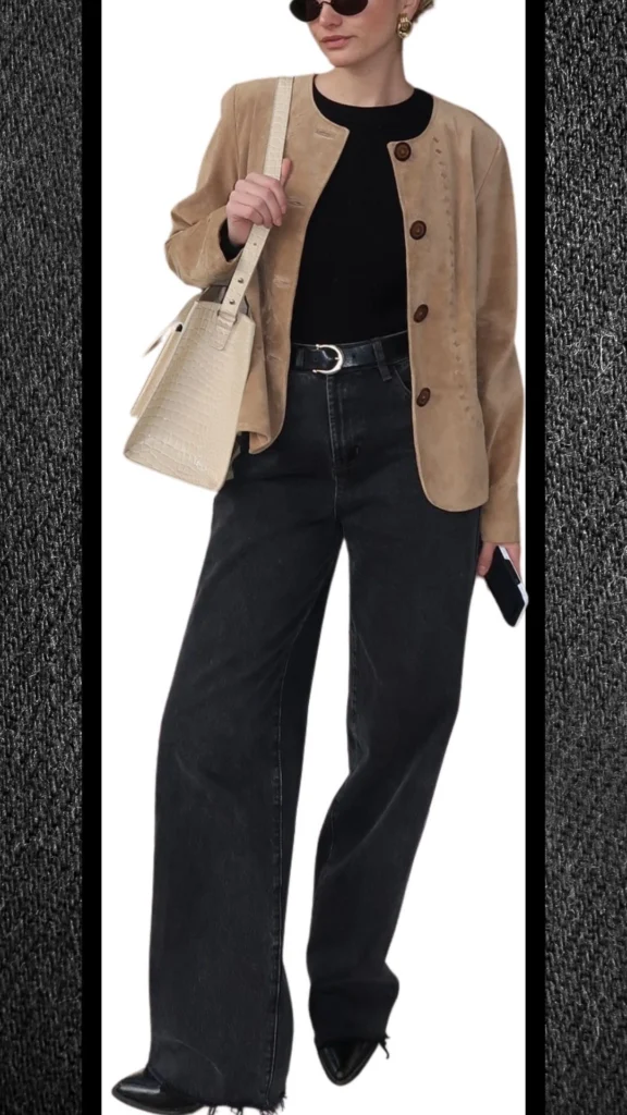 The outfit features wide-leg black jeans with a raw hem, paired with a form-fitting black ribbed top and a soft tan suede jacket, accented by oversized black sunglasses and bold gold hoop earrings. A textured beige handbag completes the look, offering a stylish contrast against the darker shades of the ensemble, making it perfect for winter wear. The combination of textures and colors enhances the outfit’s sophistication while ensuring warmth and comfort during cooler months.