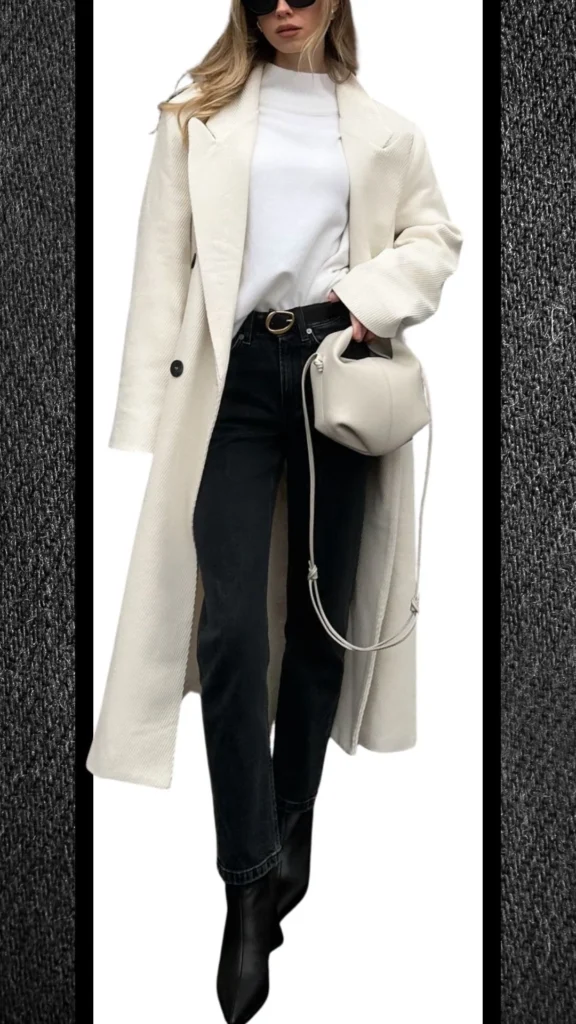 A stylish winter outfit features black high-waisted jeans paired with a cozy white knit sweater and a chic cream-colored long coat. The look is complemented by sleek black heeled ankle boots and a minimalist light gray handbag, adding sophistication to the overall ensemble. Textures vary from the soft knit of the sweater to the structured fabric of the coat, creating a visually appealing contrast.
