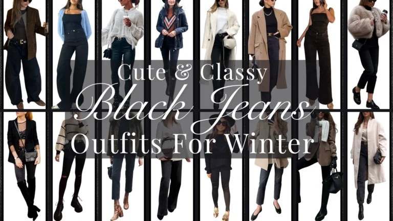 A collection of stylish black jeans outfits for winter showcases various designs, such as high-waisted, wide-leg, and fitted silhouettes, paired with cozy textures like chunky knits and soft faux fur. Accessories include statement belts, sleek ankle boots, and oversized coats in muted tones, creating a chic yet warm aesthetic suitable for the cooler months. The outfits feature a palette of blacks, greys, and other seasonal shades, ensuring versatility and elegance in winter fashion.