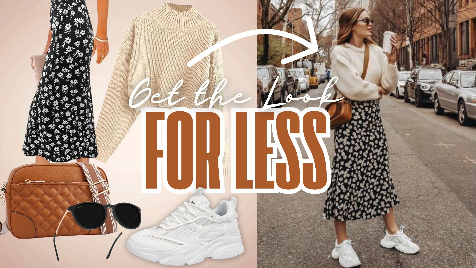 The image features a flowy black maxi dress adorned with delicate white floral patterns, showcasing a relaxed fit that gently drapes over the body. The outfit is accessorized with a light beige knitted sweater, white chunky sneakers, and a brown crossbody bag, perfect for a casual fall look. This ensemble balances comfort and style, making it ideal for autumn outfits.