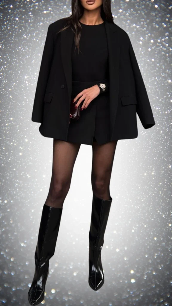The outfit features a sleek black fitted top paired with a matching high-waisted skirt, layered under a structured black blazer. It is complemented by glossy knee-high boots and sheer black tights, while a small, elegant clutch and a watch add subtle flair, making it a sophisticated choice for winter. The ensemble blends different textures and shades of black, creating a polished, cohesive look.