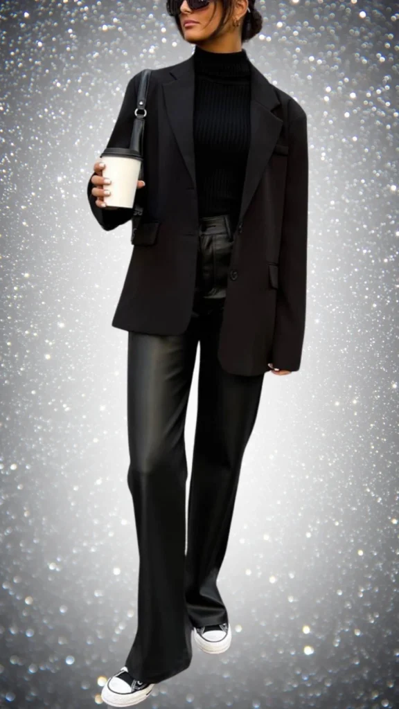 This chic all-black outfit features a tailored black blazer over a fitted ribbed black turtleneck, paired with sleek black leather wide-leg pants that add a contemporary edge. The ensemble is completed with classic black and white canvas sneakers, creating a modern yet sophisticated look perfect for winter outings. Accessories include oversized sunglasses and a minimalist handbag, enhancing the outfit’s stylish appeal.