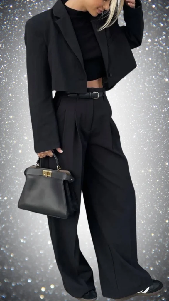 A stylish all-black winter outfit features a cropped blazer over a fitted turtleneck, paired with high-waisted, wide-leg trousers that showcase a sleek, polished look. The ensemble is complemented by a structured handbag and a textured belt, all crafted in rich, matte fabrics that add depth and sophistication. This combination not only offers warmth but also exudes a chic and modern aesthetic, perfect for the season.