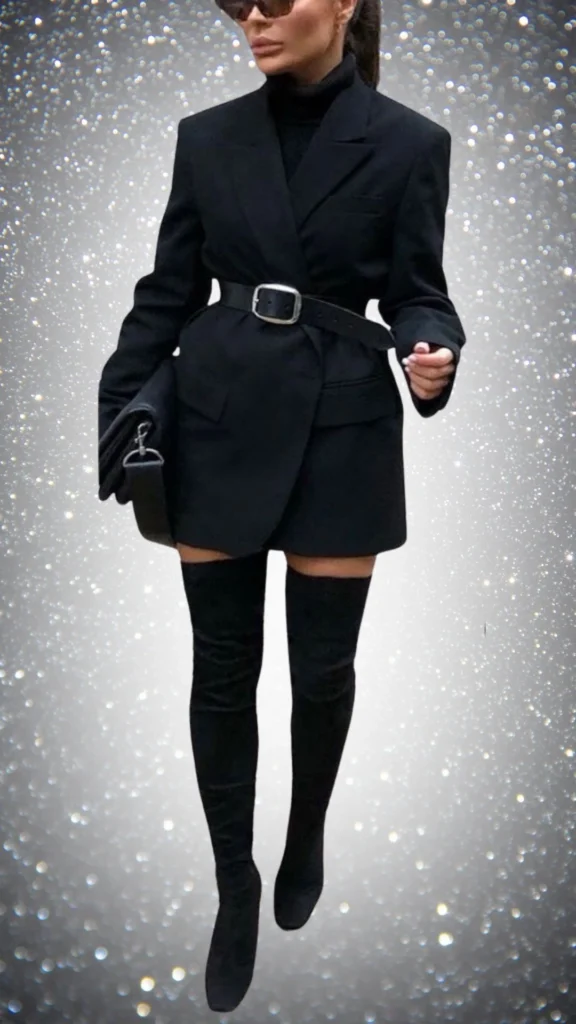 The outfit features a tailored black blazer, cinched at the waist with a wide belt, paired with a sleek black turtleneck underneath. Complementing this are thigh-high black suede boots that add elegance and warmth for winter, while a chic black clutch and oversized sunglasses complete the look, creating a striking all-black ensemble. The combination of textures and fitted silhouettes highlights sophistication and style.