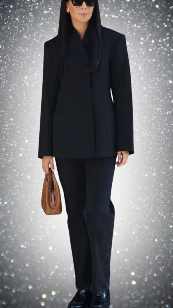 The outfit features a tailored black blazer with a sleek, structured design paired with matching black straight-leg pants, creating a polished silhouette. The ensemble is accented with glossy black shoes and a chic brown handbag, adding a touch of contrast and sophistication. Smooth textures dominate, enhancing the outfit's elegant allure, perfect for winter styling.