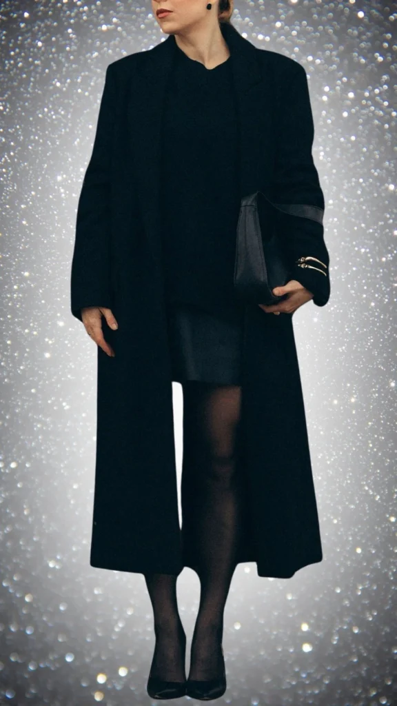 The outfit features a long black coat with a tailored fit, layered over a black sweater and a sleek mini skirt, creating a chic silhouette perfect for winter. Black sheer tights accentuate the legs, complemented by classic black heels, while a structured black handbag adds elegance and functionality. The overall ensemble exudes sophistication with a refined texture and deep shades of black, ideal for a stylish winter look.