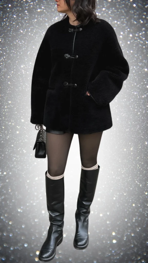 This winter outfit features a cozy, fluffy black coat with a round neckline and toggle buttons, layered over sleek black shorts. Sheer black tights create a sophisticated contrast with knee-high, shiny black boots adorned with a light trim, while a stylish black handbag complements the look. The combination of textures and shades enhances the outfit's modern elegance.