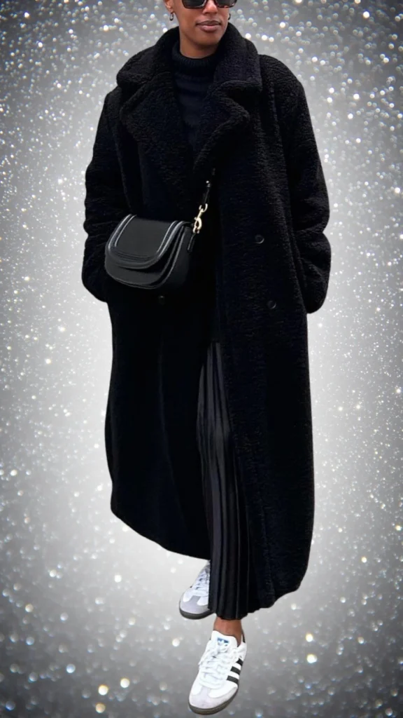 The outfit features a cozy black oversized wool coat with a plush texture, layered over a fitted black turtleneck. Beneath, a sleek pleated black skirt flows elegantly, complemented by white sneakers that add a modern twist, while a structured black handbag adds sophistication to the overall look.