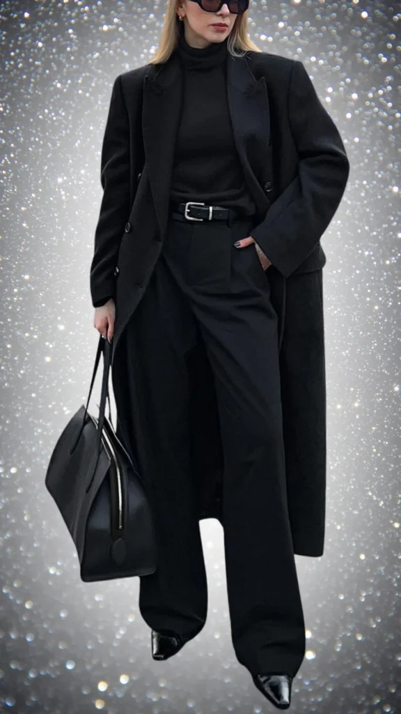 The outfit features a sleek, oversized black coat layered over a fitted black turtleneck, paired with high-waisted, wide-leg black trousers. Textured fabrics create a sophisticated look, enhanced by a stylish black belt and shiny pointed-toe ankle boots, complemented by a structured black bag. The ensemble exudes elegance and warmth, ideal for winter attire.