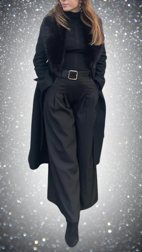 This winter outfit features a sleek black turtleneck top paired with high-waisted, wide-leg black trousers, creating a sophisticated silhouette. A luxurious black coat with a faux fur collar adds warmth and elegance, while a contrasting belt accentuates the waist. The ensemble is completed with stylish black ankle boots, making it a chic all-black look perfect for winter.