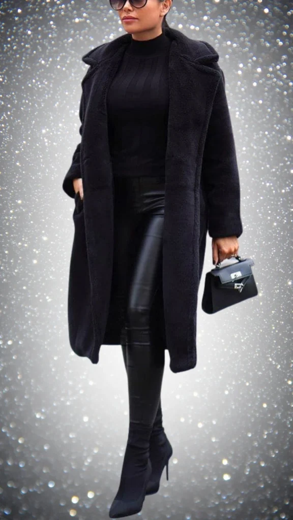 A chic all-black winter outfit features a plush, long black coat made from soft fleece, layered over a fitted ribbed black turtleneck. The look is complemented by glossy black leather leggings and sleek, pointed-toe black stiletto boots, with a compact black handbag adding a touch of elegance. The combination of textures and shades creates a modern, sophisticated appearance perfect for winter.